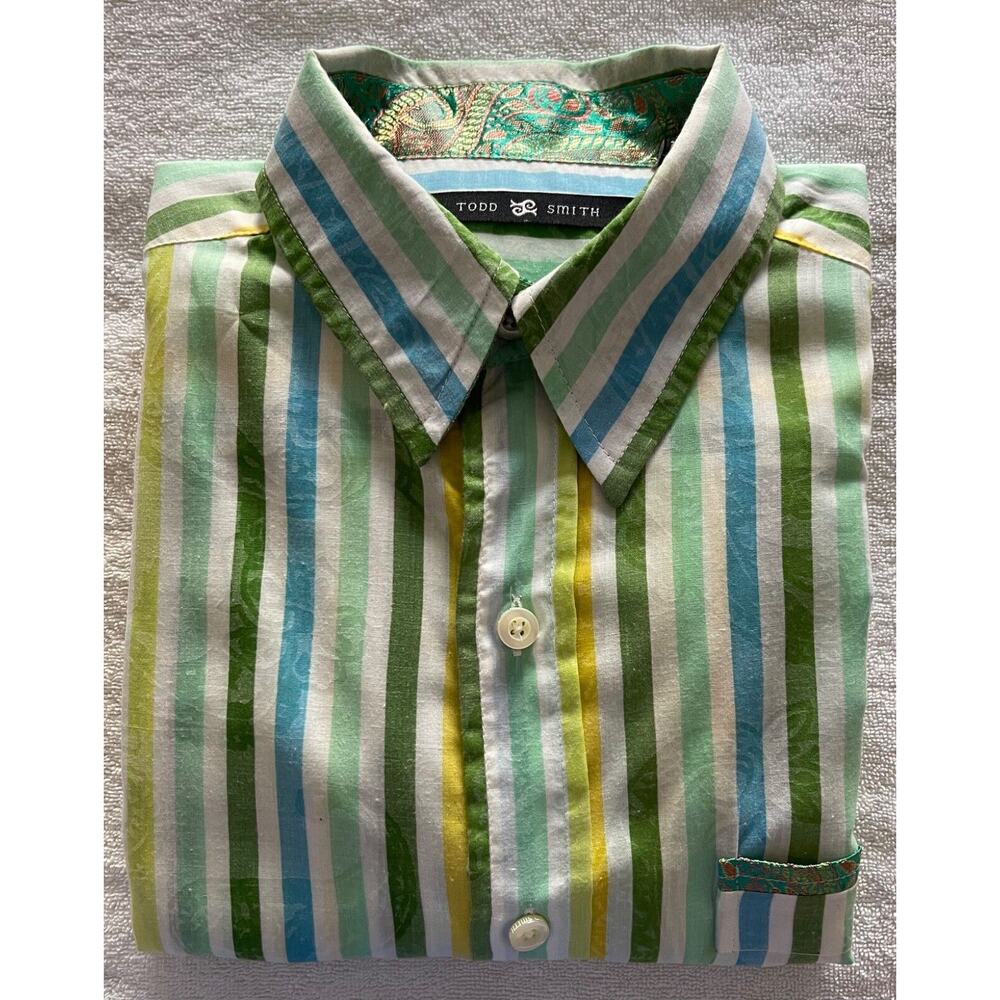 Todd Smith Men's Dress Shirt M White/Green/Blue/Yellow Stripes